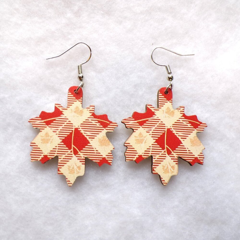 Fall Leaves Earrings Plaid Wood Dangle